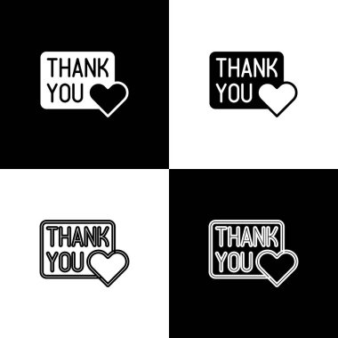 Siyah ve beyaz arkaplanda izole edilmiş bir kalp simgesi ile teşekkür edin. El yazısıyla yazılmış harfler. Vektör.