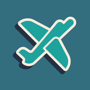 Yeşil Oyuncak uçak simgesi yeşil arkaplanda izole edildi. Uçan uçak ikonu. Uçak tabelası. Uzun gölge tarzı. Vektör.