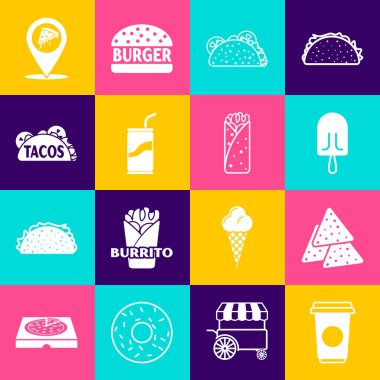 Kahve fincanı Nachos Dondurmalı Taco 'yu tortilla soda kutusuyla saman yeri dilimli pizza ve burrito ikonu içerek hazırla. Vektör.