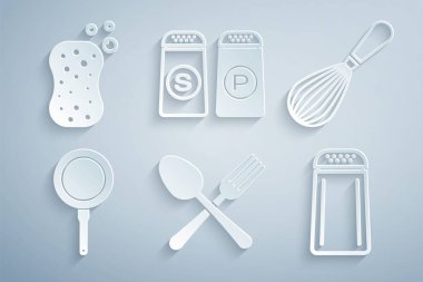 Çapraz çatal ve kaşık mutfak çırpma tavası tuzlu biber ve köpük ikonlu sünger hazırla. Vektör.