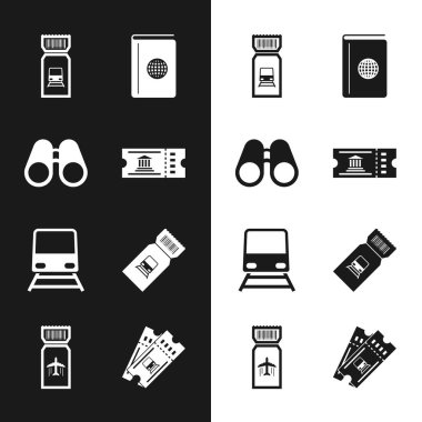 Müze biletini Dürbün Tren Kapağı Seyahat Rehberi ve Havayolu simgesini ayarla. Vektör.