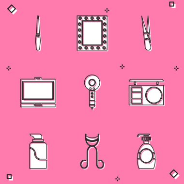 Tırnak dosyasının aynasını açık renk cımbız, saç kurutma tozu, gölge rengi palet kremi kozmetik tüpü ve kirpik bigudi ikonu ile ayarla. Vektör.