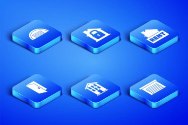 Garaj Kapalı Kapı 'yı koruma altına alın ve Kira ikonuyla Asılma tabelasını imzalayın. Vektör.