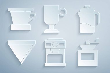 Kahve makinesini Fransız kağıt filtresi elle kahve öğütücü İrlanda ve V60 imalat ikonu yap. Vektör.