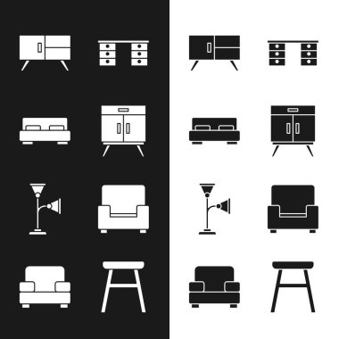 Çekmeceleri ayarla. Büyük yatak odası masa, lamba koltuğu ve simge. Vektör.