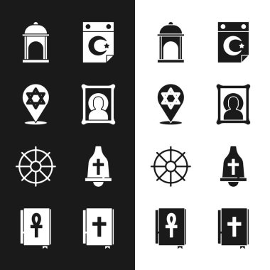 Davud 'un Hristiyan ikon Yıldızı Müslüman Camii ve Hilal Dharma Çarkıfeleği Kilisesi çanı kutsal İncil kitabı ve Haç Ankh ikonu. Vektör.