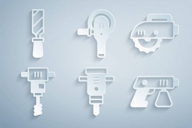 İnşaat matkabı elektrikli elektrikli elektrikli testere elektrikli el beton karıştırıcı boya sprey tabancası, Angle öğütücü ve Rasp metal dosya simgesi. Vektör.