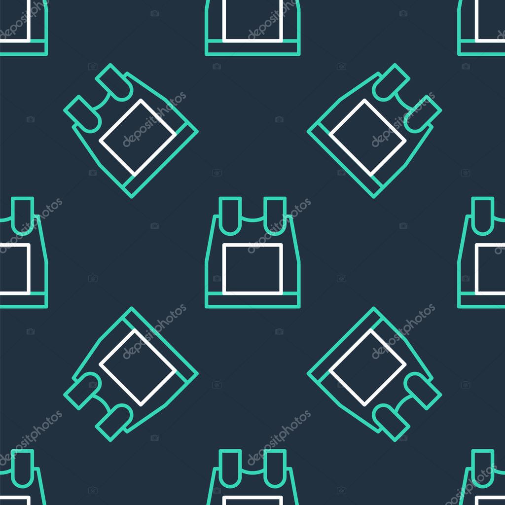 Line Bulletproof vest for protection from bullets icon isolated seamless pattern on black background. Body armor sign. Military clothing.  Vector.