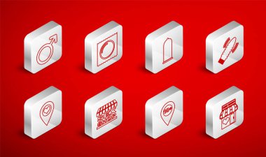 Set line Sex shop building Condom package safe sex Dildo vibrator for games Location with 18 plus Male gender symbol  and heart icon. Vector.