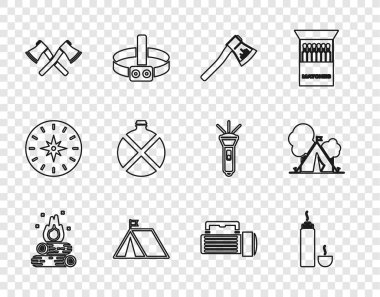 Kamp ateşi konteynırı tahta balta turist çadırı ve çapraz ahşap kantin su şişesi feneri ve ikon. Vektör.