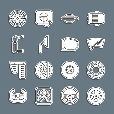 Hat çizgisi, araba tekerleği sileceği kapı kolu, kamyon yan aynası fren diski, kalibre ve simge. Vektör.