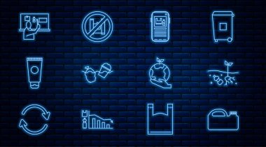 Makine yağı kirlilik sorunu için teneke kutuyu hazırlayın okyanus kremi kozmetik tüpünü durdurun dünya küresi tutan eli durdurun ve torba poster ikonu yok deyin. Vektör.