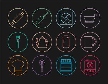 Elektrikli soba ocağı, kahve fincanı havalandırma ısıtıcısı ve çatallı merdane soğutucusu ve kızartma tavası ayarlayın. Vektör.