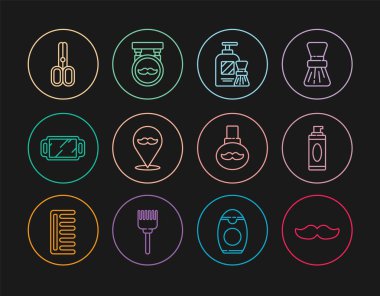 Bıyık Bıyık Tıraş köpüğü, berber dükkanı aynası, el aynası, kuaför, bıyık, yağ şişesi ve ikon. Vektör.