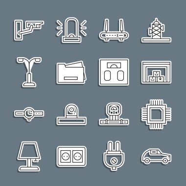 Otomobil işlemcisini mikro devreli CPU Depo Yönlendiricisi ve Wi-fi sinyalli yazıcı sokak ışık güvenlik kamerası ve banyo ölçekli ikon ile ayarla. Vektör.