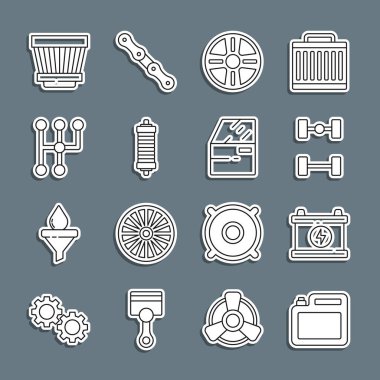 Motor yağı, araba aküsü, Chassis araba, alloy tekerlek, şok, vites değiştirici hava filtresi ve kapı simgesi için hat kutusunu hazırlayın. Vektör.