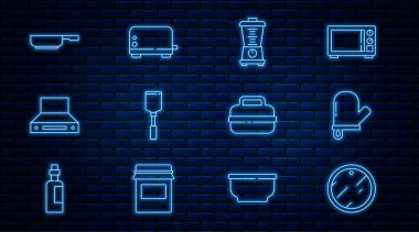 Çizgi kesme tahtası fırın eldiveni Blender Spatula mutfak sökücü fan kızartma tavası ve tost makinesi ikonu. Vektör.