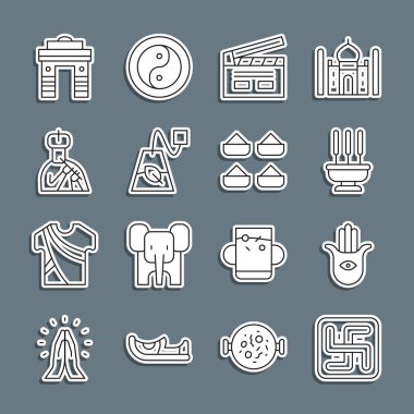 Çizgi çizgisi Hindu gamalı haç Hamsa Incense çubukları Bollywood Hint sineması çay poşeti Hint adam flüt kapı Delhi ve baharat ikonu oynuyor. Vektör.