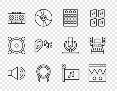 Hat hoparlörünün sesini ayarla Oscilloscope Drum machine Audio jack DJ uzaktan kumandalı ve karışık müzik kulağı müzik müziği dinle müzik festivali bayrağı ve stüdyo ikonu. Vektör.