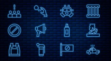 Polis arabası ve teşhirci Yanan Gaz maskesi. Megafon. Kalabalık, boya spreyi kutusunu ve Hooligan 'ın taş atma ikonunu protesto ediyor. Vektör.