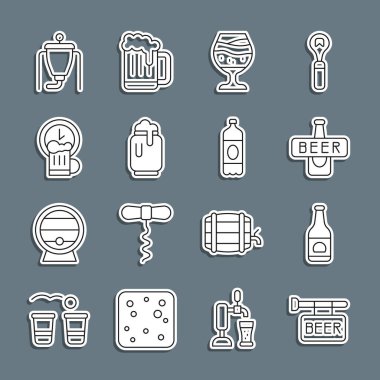 Bira şişesi, bira köpüğü, bira saati demleme ve plastik ikon ile sokak tabelasını ayarlayın. Vektör.