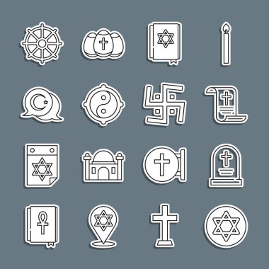 Çizgiyi David Tombstone 'un Yıldızı ile çapraz KHK kağıt parşömen tomarı Yahudi torah kitabı Yin Yang ve Hilal Dharma çarkı ve Hindu gamalı haç ikonu ile belirleyin. Vektör.