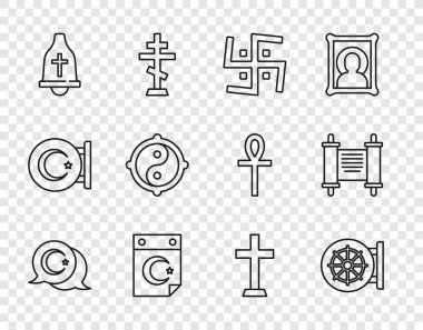 Yıldız ve Hilal Dharma tekerleği Hindu gamalı haç çanı Yin Yang Hristiyan haçı ve KHK kağıt parşömen simgesi. Vektör.