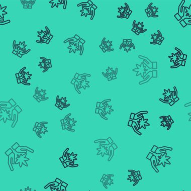 Siyah çizgi Tıbbi marihuana veya kenevir yaprağı ikonu yeşil arka planda izole edilmiş pürüzsüz desen. Kenevir sembolü. Vektör İllüstrasyonu.