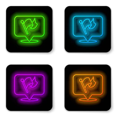 Parlayan neon hattı bayrak simgesi beyaz arkaplanda izole edildi. Zafer, kazanmak ve zorluk konseptini fethetmek. Siyah kare düğme. Vektör.