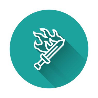 Oyun simgesi için beyaz çizgi kılıcı uzun gölge arkaplanı ile izole edildi. Yeşil daire düğmesi. Vektör.