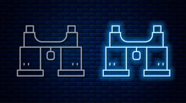Parlayan neon hattı Dürbün simgesi tuğla duvar arka planında izole edildi. Yazılım işareti bul. Casus ekipman sembolü. Vektör.