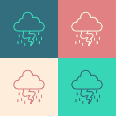 Pop sanat çizgisi Storm simgesi renk arkaplanında izole edildi. Bulut ve şimşek işareti. Fırtınanın hava durumu ikonu. Vektör.