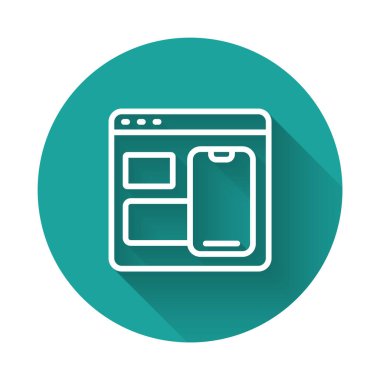 Beyaz çizgi Yazılım, web geliştirici programlama kod simgesi uzun gölge arkaplanı ile izole edilmiş. Program kodunun rastgele bilgisayar betiği parçalarını Javascript et. Yeşil daire düğmesi. Vektör.