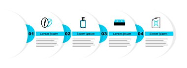 Benzin deposu, kağıt para seyahat çantası ve kahve çekirdeği ikonu. Vektör.