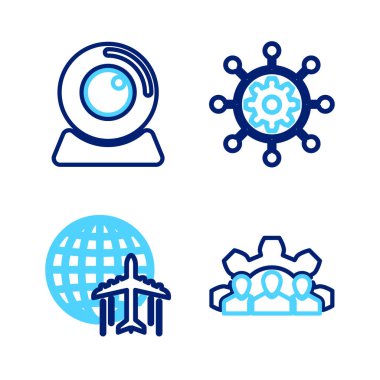 Uçuş uçağı yönetimi ve web kamera ikonu ile Proje Ekibi Globe 'u ayarlayın. Vektör.