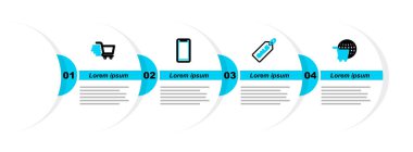 Dünya Fiyat etiketli, akıllı telefon ve ikonlu bir alışveriş arabası ayarla. Vektör.