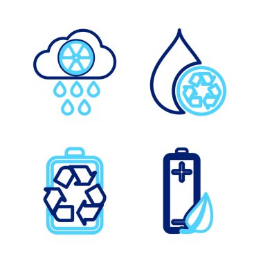 Eko doğa yaprağı ve bataryasını geri dönüşümlü temiz su ve asit yağmuru radyoaktif bulut ikonu ile ayarla. Vektör.