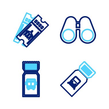 Tren bileti otobüs dürbünü ve havayolu simgesini ayarla. Vektör.