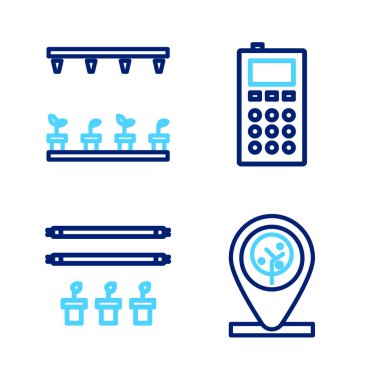 Hat konumunu ve ağaç akıllı çiftliğini ampul uzaktan kumandası ve otomatik sulama ikonu ile ayarla. Vektör.