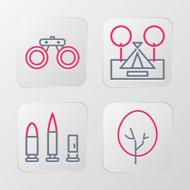 Ağaç Mermisi ve Kartuş Turist Çadırı ve Dürbün simgesini ayarlayın. Vektör.