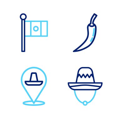 Meksika sombrero Hot chili biber podu ve Meksika bayrağı ikonu. Vektör.