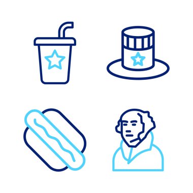 George Washington Hotdog sandviçi Vatansever Amerikan silindir şapkası ve saman ikonlu kağıt bardak. Vektör.