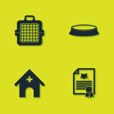 Hayvan taşıma çantası, kedi ya da köpek sertifikası veteriner hastanesi ve yemek kasesi ikonu. Vektör.