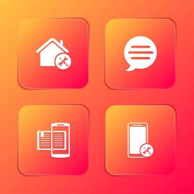 Ev servisini, konuşma balonu sohbetini, akıllı telefonu, kitabı ve mobil simgeyi ayarla. Vektör.