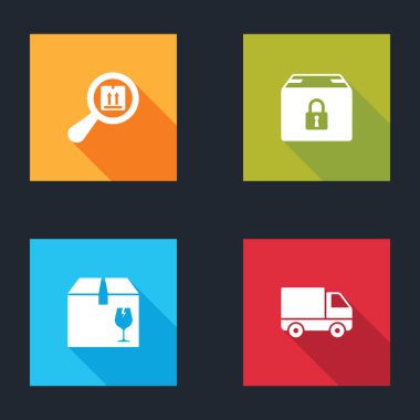 Arama paketini ayarlayın, kilitli, içinde kırılgan içerik ve kargo aracı simgesi olan teslimat kutusu. Vektör.