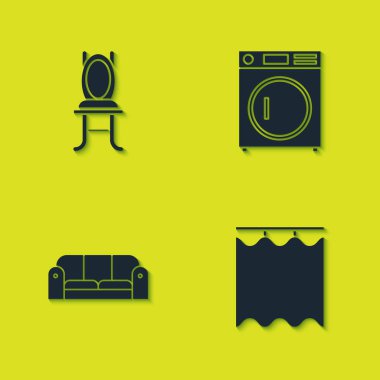 Koltuk, perde, kanepe ve çamaşır yıkama ikonu. Vektör.