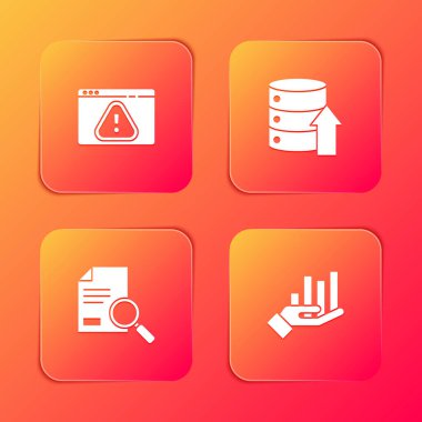 Tarayıcıyı ünlem işareti, Sunucu, Veri, Web Sunucu, Belge Arama ve Pie grafik bilgi simgesi ile ayarla. Vektör.