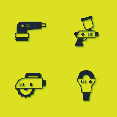 Elektrikli zımpara makinesi, çember testere ve boya sprey tabancası ikonu. Vektör.