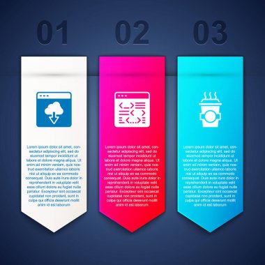 Bulut teknolojisi veri transferini, yazılımı ve kahve fincanını hazır et. Ticari bilgi şablonu. Vektör.