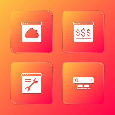 Bulut teknolojisi veri transferini ekran tarayıcı ayarı ve Arama motoru simgesinden çevrimiçi alışveriş yaparak ayarla. Vektör.